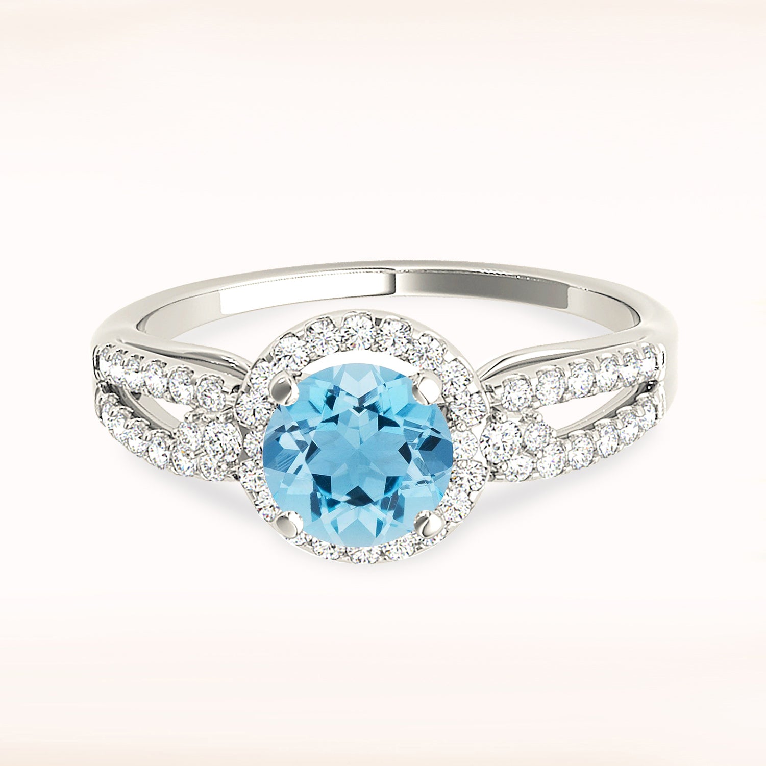 1.10 ct. Genuine Aquamarine Ring With 0.35 ctw. Diamond Halo, Curved Open Diamond Band, Side 2 Accent Diamonds| Blue Aquamarine Halo Ring-VIRABYANI
